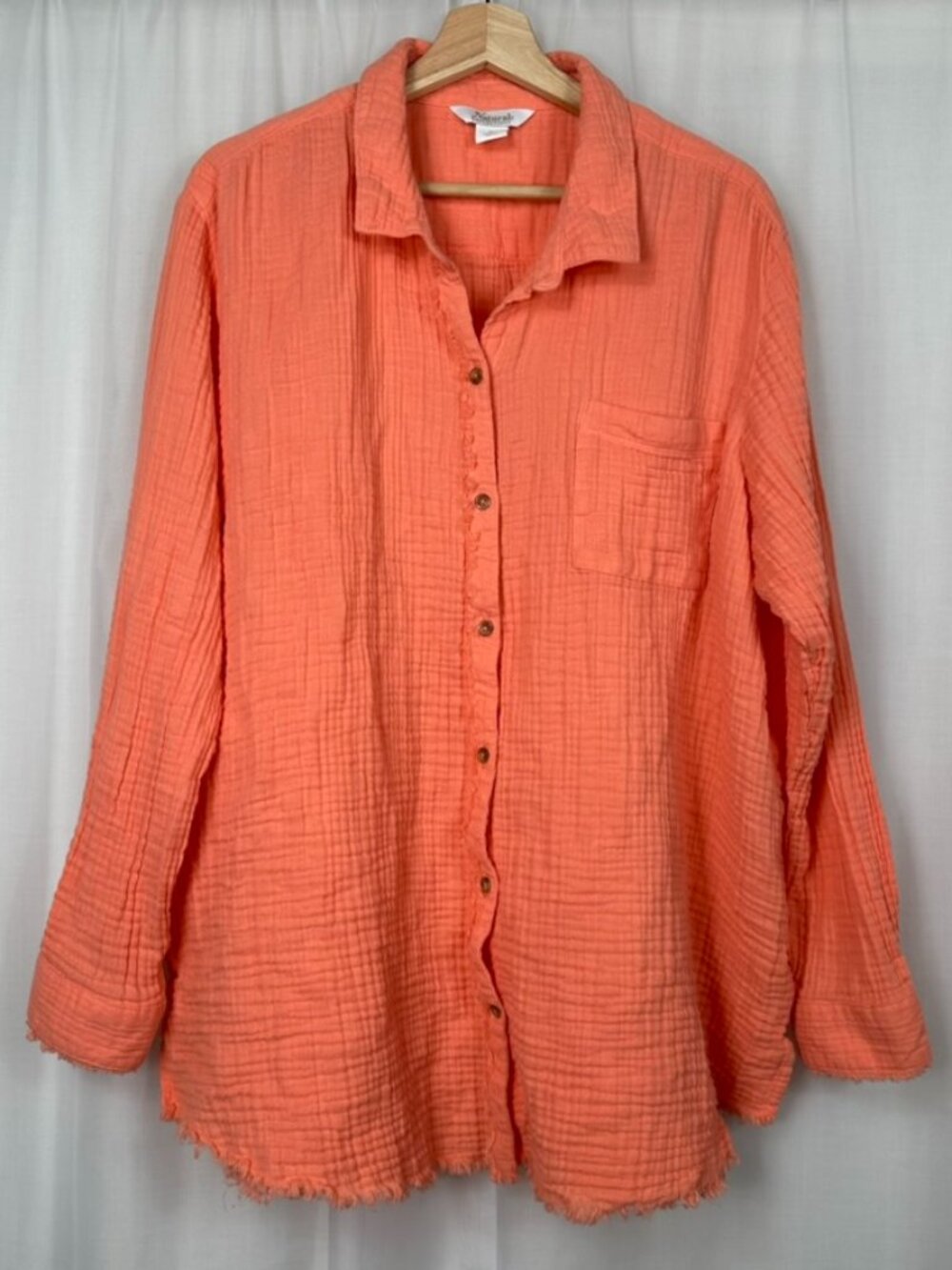 Womens Oversized Gauzy Cotton Button Up Tunic Shirt 1X Coral Coastal Resortwear